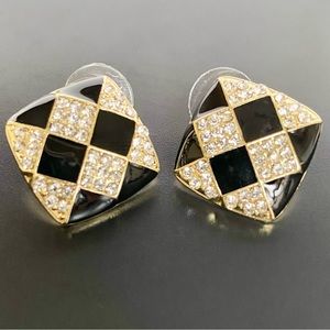 NEW Checkered Diamond Shaped Stud Earrings with Rhinestones